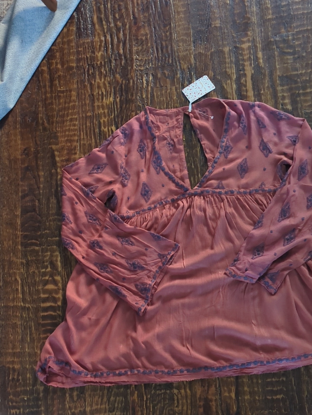 Free People Rusty Rose Boho V-Neck Tunic with Navy Print
